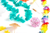 Neliblu Luau Party Supplies, Luau Bulk Party Pack Includes 1 9' Jumbo Flower Lei Garland; 144 Paper Hibiscus Parasol Umbrellas; 25 Jumbo 36" Tropical Flower Leis