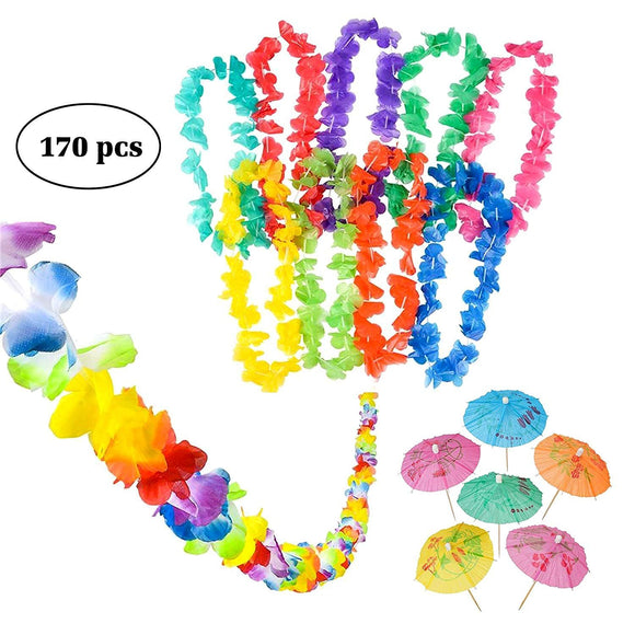 Neliblu Luau Party Supplies, Luau Bulk Party Pack Includes 1 9' Jumbo Flower Lei Garland; 144 Paper Hibiscus Parasol Umbrellas; 25 Jumbo 36